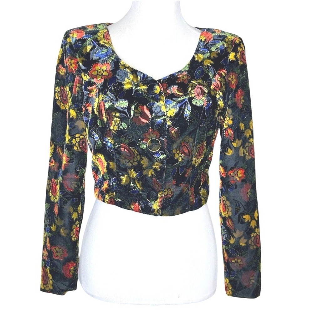 French Connection Floral Cropped Jacket in Black, Yellow, Red
